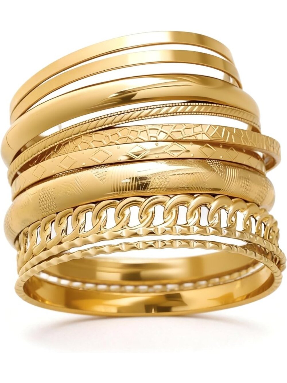 Stackable Gold Bangle Bracelets Set for Women - Multi-Layer Textured Boho